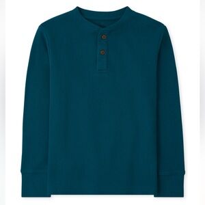 Boys Thermal Waffle Knit Long-Sleeve T-Shirt - Button- Front - Teal Green